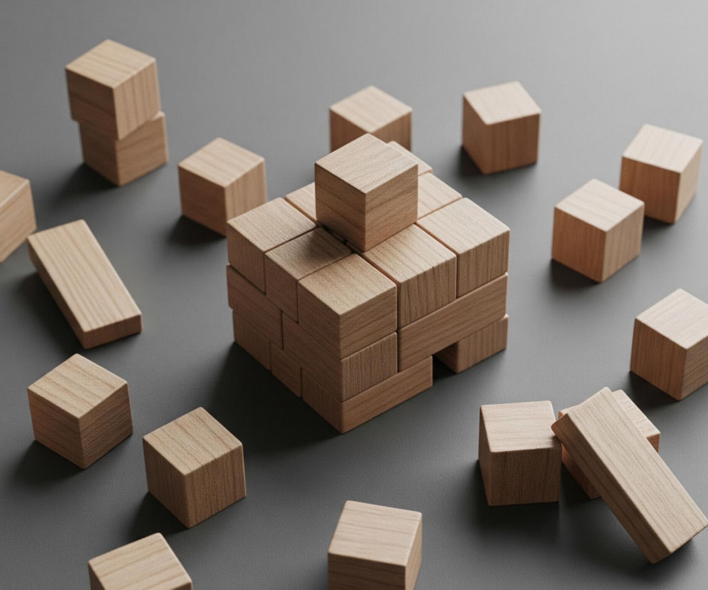 Centralny element obrazu stanowi złożona struktura z jasnobrązowych, drewnianych klocków w kształcie sześcianów i prostopadłościanów, tworząca coś w rodzaju fragmentarycznej budowli lub układanki, z jednym sześcianem umieszczonym na jej szczycie. Wokół tej centralnej konstrukcji, na jednolitej, szarej powierzchni, rozrzuconych jest wiele pojedynczych drewnianych klocków, zarówno sześcianów, jak i dłuższych prostopadłościanów, niektóre ułożone płasko, inne stojące lub leżące pod kątem. Światło padające z góry rzuca wyraźne cienie pod klockami i centralnym elementem, uwypuklając ich trójwymiarowość i fakturę drewna z widocznymi słojami.