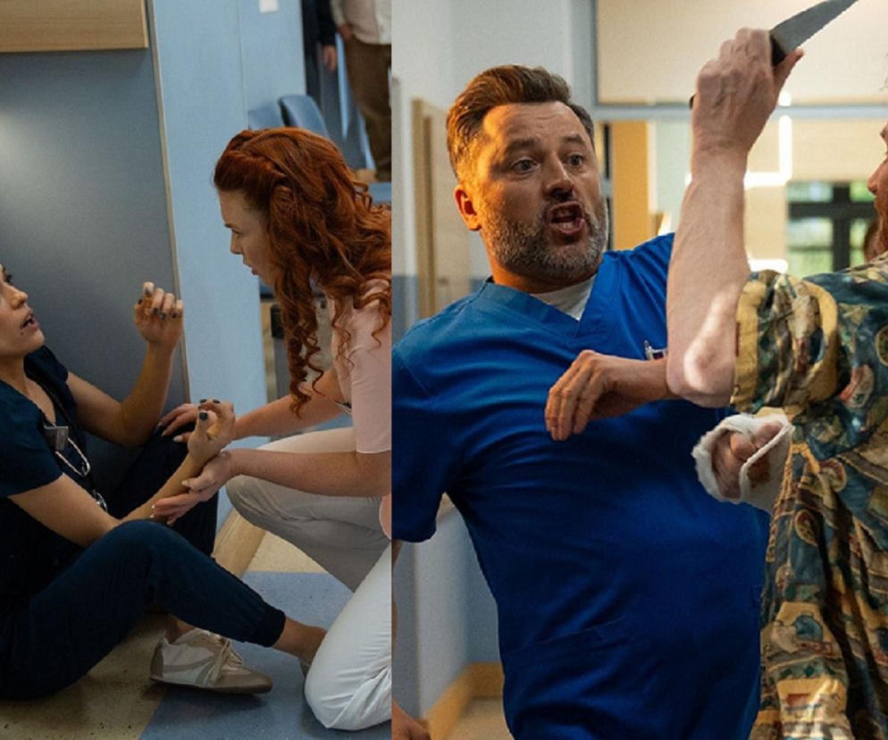 Kolorowy kolaż z Na dobre i na złe: po lewej raniona Julka Burska (Aleksandra Hamkało) z pomocą pielęgniarki Majki (Katarzyna Wuczko), po prawej Borys Jakub (Marcin Zacharzewski) w starciu z nożownikiem Bartłomiejem (Krzysztof Ogłoza). Więcej emocji na Super Seriale.