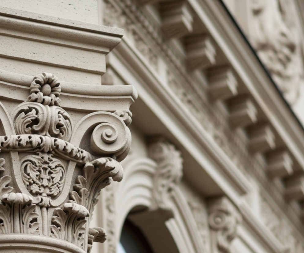 Na pierwszym planie, z lewej strony, widoczna jest bogato zdobiona kapitel kolumny, wykonana z jasnego kamienia o ziarnistej fakturze. Jej górna część ozdobiona jest symetrycznymi, spiralnymi zwojami i roślinnymi motywami, z wyraźnie rzeźbionym kwiatem na środku. Poniżej spirali znajdują się liście akantu i inne ornamenty. Cała kolumna jest beżowa i rzuca delikatny cień na ścianę za nią. W tle, po prawej stronie, rozciąga się fasada budynku, również w odcieniach beżu, z detalami architektonicznymi w postaci poziomych pasów, rzeźb i częściowo widocznego łukowego okna, które pozostają nieostre.