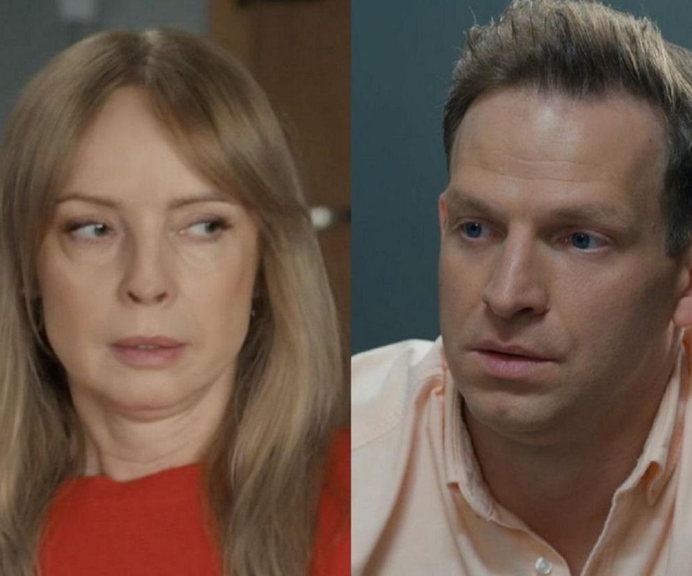 Agnieszka Tlałka jako Agnieszka i Michał Rolnicki jako Łukasz z serialu Barwy szczęścia na podzielonym zdjęciu. Agnieszka w czerwonej bluzce spogląda w prawo, a Łukasz w beżowej koszuli patrzy w lewo, zamyślony. Więcej o ich losach na Super Seriale.