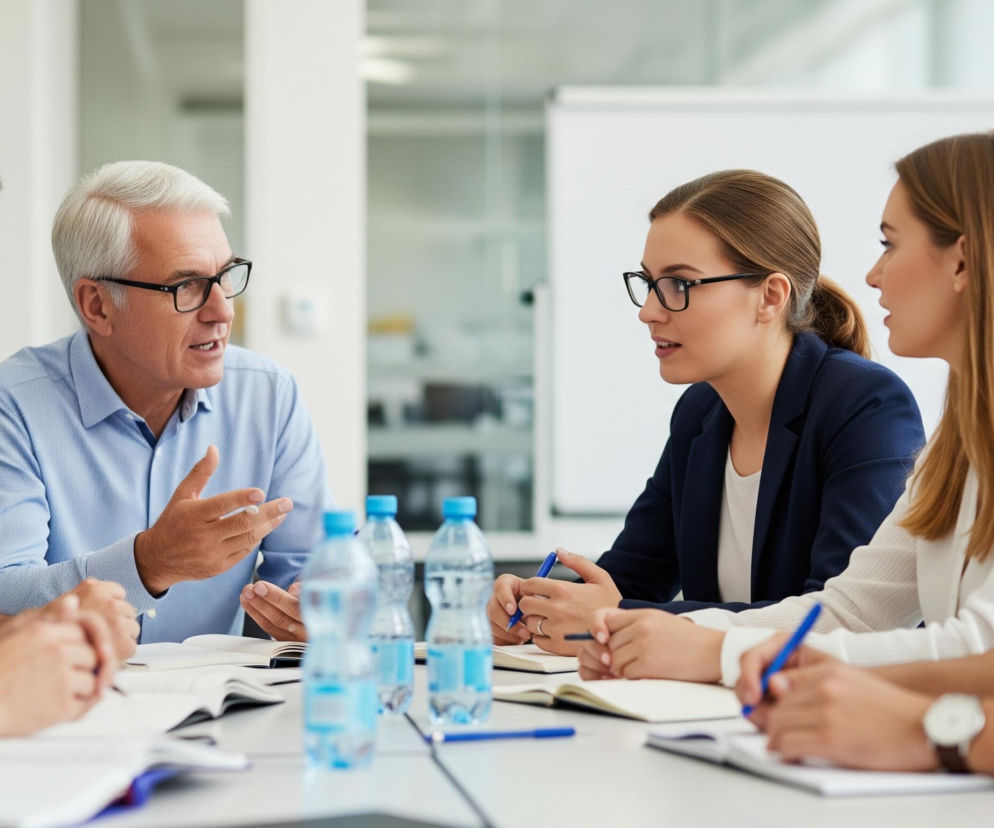 Siedmioro ludzi, pięciu mężczyzn i dwie kobiety, siedzi przy jasnym stole konferencyjnym w biurowym wnętrzu, uczestnicząc w spotkaniu. Starszy mężczyzna o siwych włosach i w niebieskiej koszuli gestykuluje dłońmi, mówiąc do grupy, a pozostali słuchają, niektórzy zapisują notatki w otwartych zeszytach. Na stole stoją cztery przezroczyste butelki z wodą, a tło jest rozmyte, ukazując białe ściany i fragmenty innego pomieszczenia.