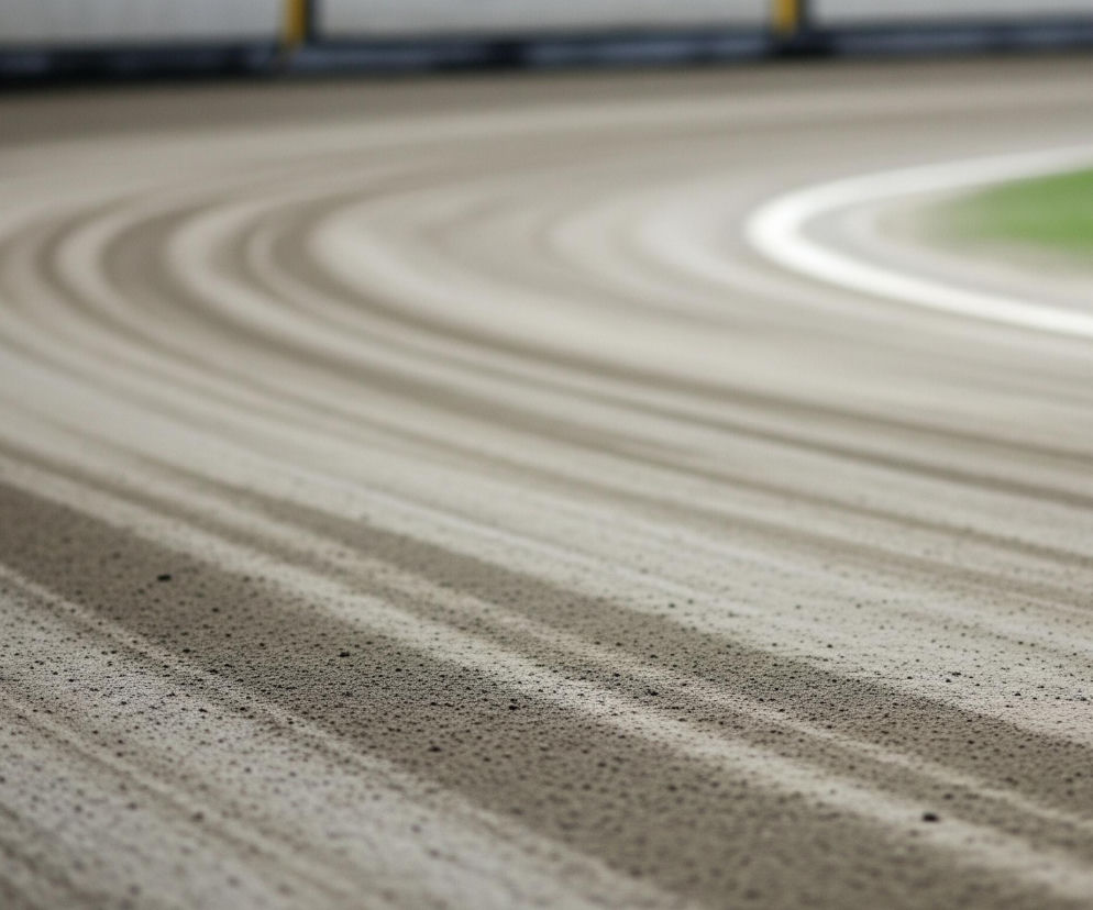 Piaszczysty tor wyścigowy o zakrzywionym kształcie zajmuje większą część kadru. Na torze widoczne są ciemniejsze, równoległe smugi świadczące o wcześniejszym użyciu. Na dalszym planie, wzdłuż wewnętrznej krawędzi toru, biegnie szeroka biała linia oddzielająca go od zielonej, trawiastej powierzchni. Całość otoczona jest niewyraźnym tłem z widocznymi żółtymi elementami.