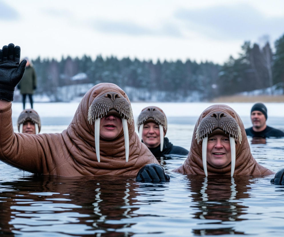 Grupa osób ubranych w kostiumy morsów, z brązowymi głowami imitującymi futro, kłami i wąsami, zanurzona jest po ramiona w ciemnej wodzie. Osoba po lewej stronie podnosi dłoń w czarnej rękawiczce. Twarze niektórych osób w kostiumach są uśmiechnięte, inne bardziej neutralne. W tle widać białą, pokrytą śniegiem lub lodem powierzchnię i ciemny las iglasty pod szarym, zachmurzonym niebem.