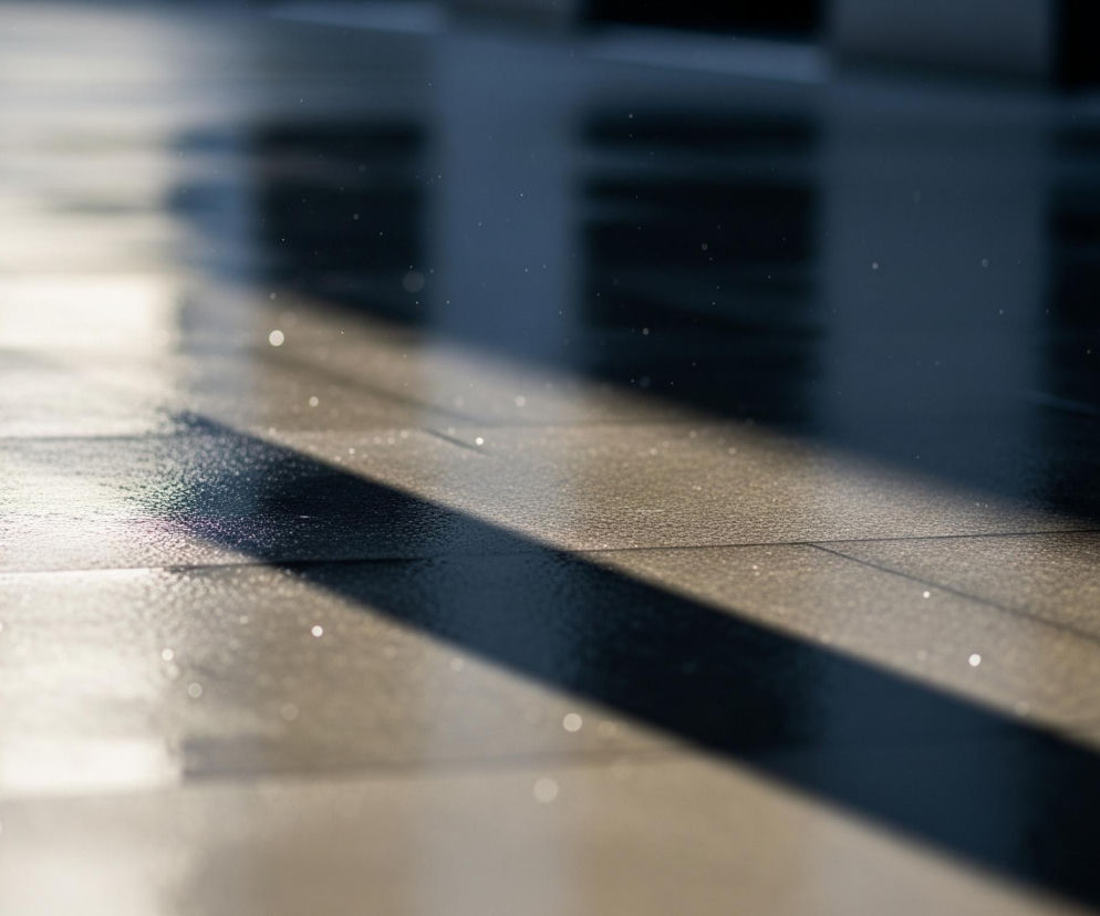 Podłoga pokryta jest drobnymi kropelkami wody, które odbijają światło, tworząc liczne, rozmyte, jasne punkty. Na podłodze widoczne są wyraźne, ciemne, geometryczne cienie, rzucane przez niewidoczne obiekty, biegnące ukośnie przez kadr. Część podłogi w prawym dolnym rogu jest jaśniejsza, o ciepłym, beżowo-złotawym odcieniu, podczas gdy górna część jest ciemniejsza, o chłodnych, szaro-niebieskich tonach. W tle, poza ostrością, widoczne są rozmyte kształty, prawdopodobnie elementów architektonicznych lub otoczenia, z jaśniejszymi fragmentami wskazującymi na źródło światła.