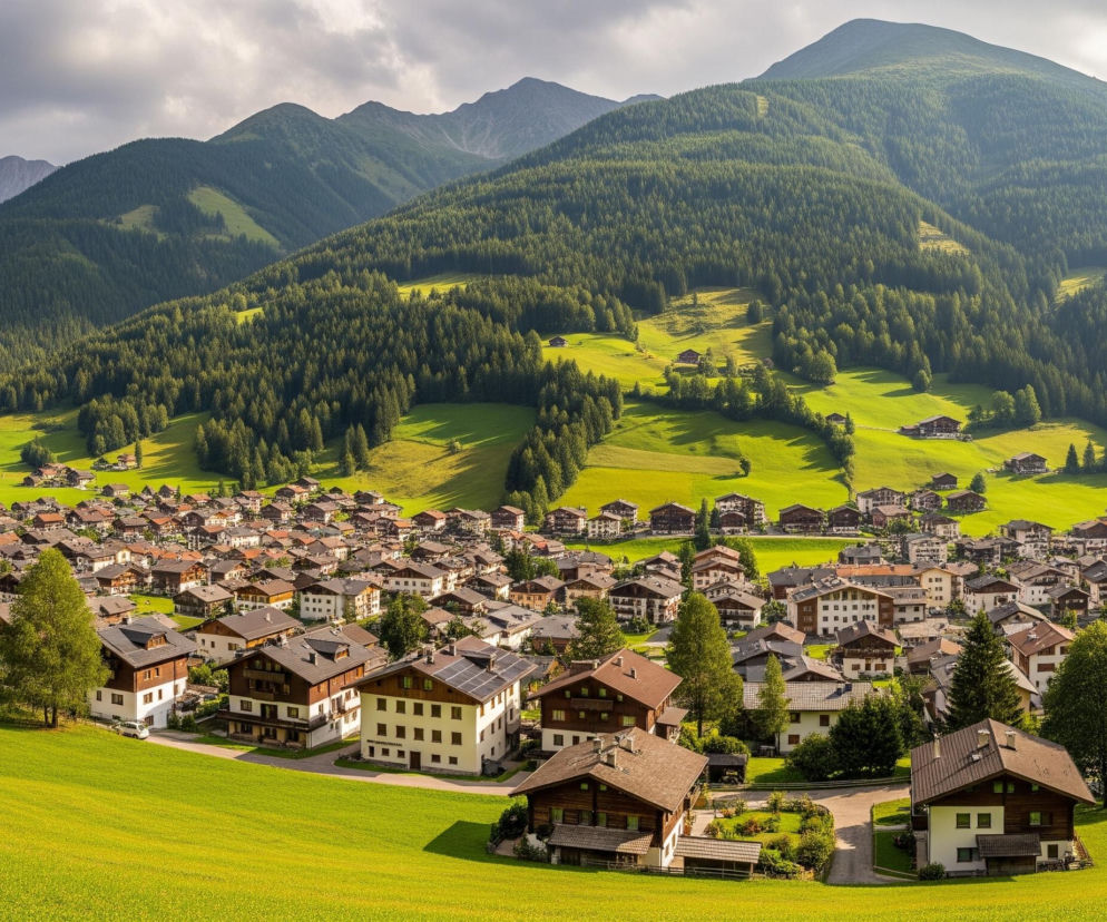 Panoramę tworzy rozległa, zielona dolina otoczona masywnymi, porośniętymi lasem górami, z widocznym podwójnym szczytem na horyzoncie. W centrum doliny rozpościera się gęsto zabudowana wioska z domami o jasnych ścianach i brązowych, spadzistych dachach, niektóre z nich posiadają panele słoneczne. Między budynkami widać liczne drzewa liściaste i iglaste, a pola wokół wioski są soczyście zielone, z wyraźnymi ścieżkami i cieniami rzucanymi przez wzgórza i drzewa. Górne partie nieba są pokryte szarymi chmurami, natomiast niżej widać jaśniejsze, błękitne fragmenty.
