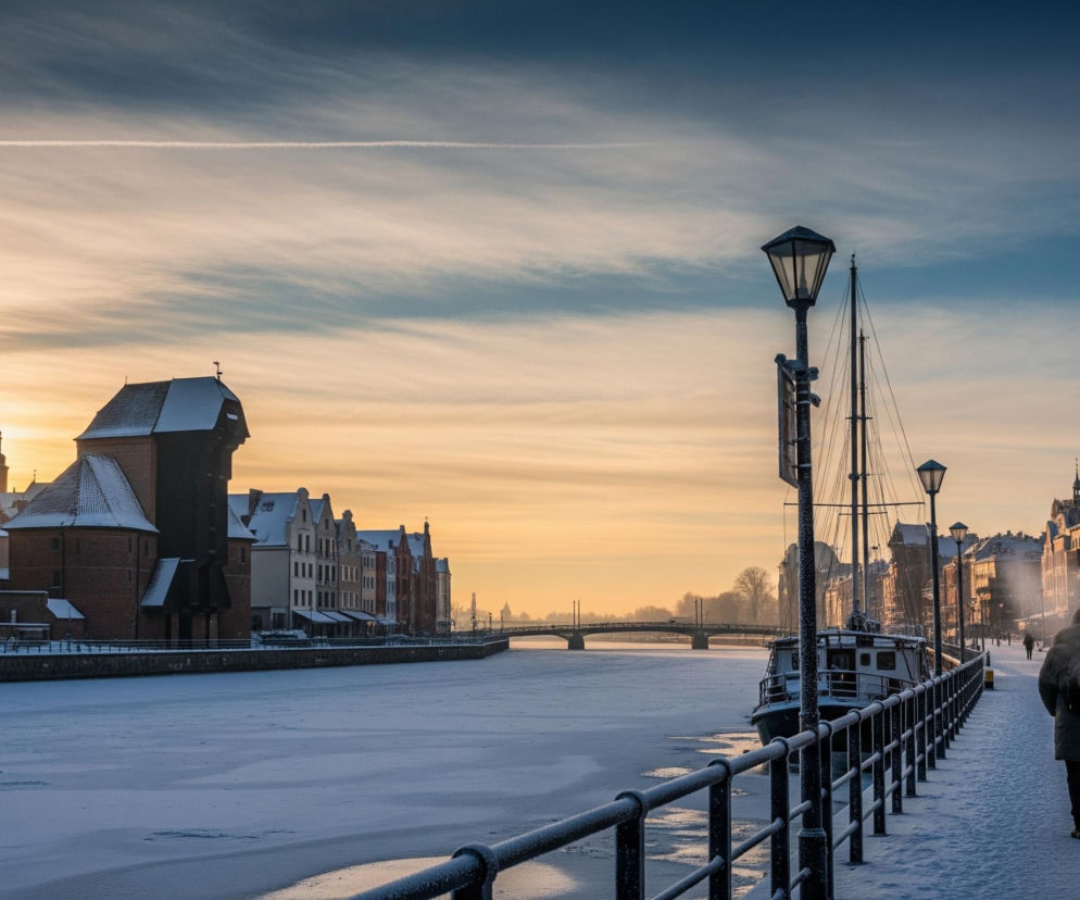 Zimowy krajobraz ukazuje zamarzniętą rzekę biegnącą przez środek kadru, pokrytą lodem i białym puchem. Po lewej stronie rzeki wznoszą się zabytkowe, wielopiętrowe kamienice z czerwonej cegły i jasnych tynków, niektóre z dachami pokrytymi śniegiem, a w tle widać charakterystyczny budynek z wysokim, spiczastym dachem. Po prawej stronie rzeki, wzdłuż pokrytego śniegiem nabrzeża, prowadzi alejka, na której widać pojedynczą osobę idącą tyłem w ciemnej kurtce z plecakiem, obok rzędu latarni i kutra cumującego przy brzegu. Horyzont dominuje złocisto-pomarańczowe światło zachodzącego słońca, przechodzące w błękitne niebo z delikatnymi, poziomymi chmurami i widoczną smugą kondensacyjną na górze.