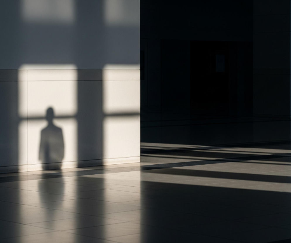 Na lewej ścianie widoczny jest wyraźny cień sylwetki osoby w marynarce, rzucany przez jasne światło przechodzące przez okno, tworzące prostokątne kształty. Światło to, o ciepłej, żółtawej barwie, pada również na fragment podłogi z jasnych, kwadratowych płytek. Większość pomieszczenia po prawej stronie pozostaje w głębokim cieniu, z widocznymi jedynie zarysami ścian i elementów architektonicznych. Cienie rzucane przez okna lub inne przesłony tworzą długie, ciemne pasy na podłodze, biegnące od lewej strony w głąb kadru.