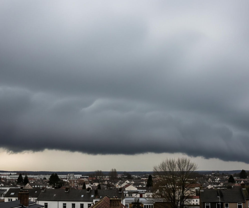 Pochmurne niebo z ciemną, rozległą chmurą burzową zajmuje większą część kadru. Na dole widoczny jest widok na miasteczko lub osiedle domów jednorodzinnych i wielorodzinnych z licznymi dachami w odcieniach brązu i szarości. W oddali rozciąga się pas zalesionego terenu, a nad nim jaśniejszy fragment nieba przechodzi w szarość chmur.