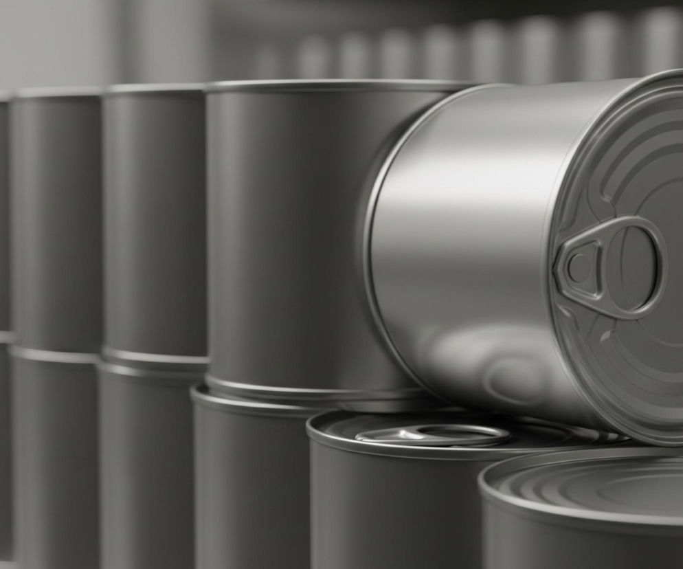 Na pierwszym planie, z prawej strony, leży poziomo srebrna puszka z pierścieniowym otwieraczem na wierzchu, o gładkich bokach odbijających światło. Ta puszka opiera się o stos innych, pionowo ustawionych puszek o ciemnoszarym korpusie i srebrnych wieczkach. W tle widać rzędy pionowo stojących, matowych puszek, ułożonych w wielu warstwach. Cała scena utrzymana jest w monochromatycznej palecie szarości.