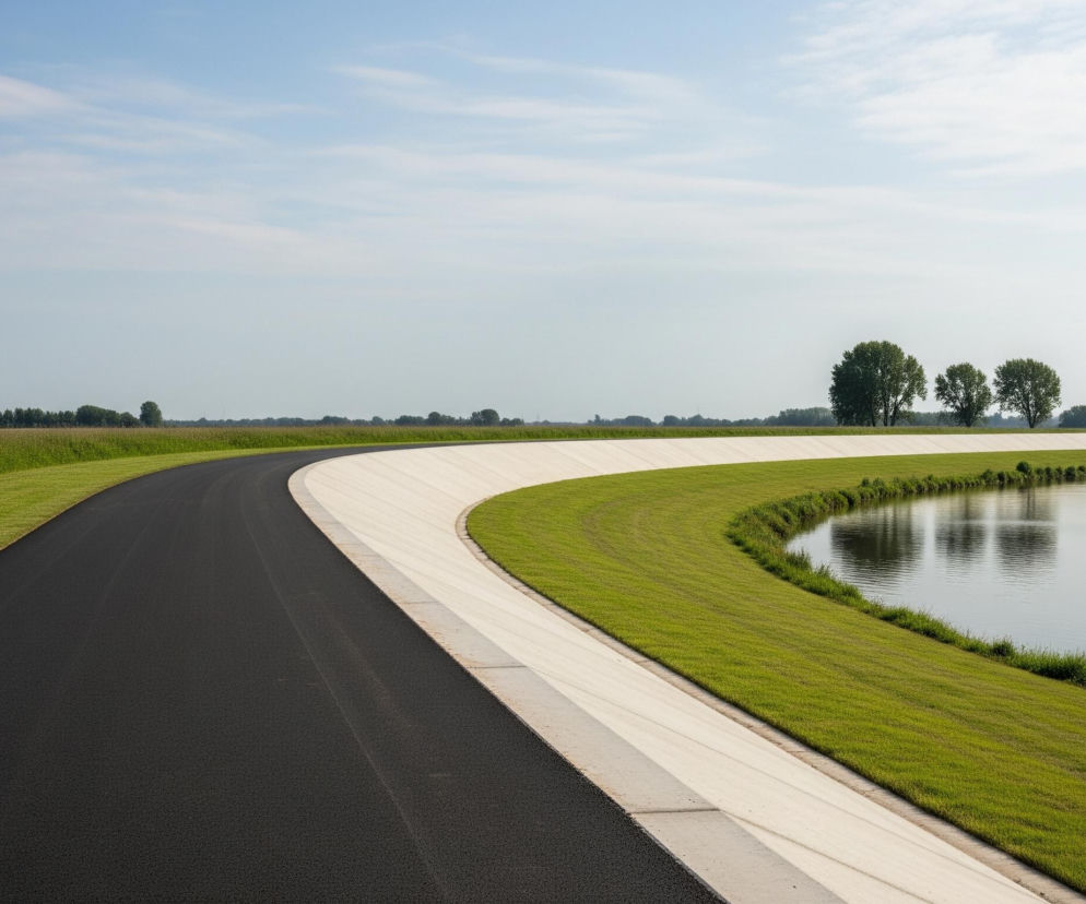Czarny, asfaltowy pas drogi zakręca w prawo, dominując lewą stronę obrazu i prowadząc wzrok w głąb. Po prawej stronie drogi znajduje się jasnoszara, betonowa opaska, która oddziela ją od zielonego, trawiastego zbocza. Zbocze schodzi w dół do spokojnej tafli wody, odbijającej jasne niebo i zarys drzew w oddali. Na horyzoncie rozciąga się linia zielonych drzew i krzewów, a nad nimi rozciąga się błękitne niebo z delikatnymi, białymi smugami chmur.