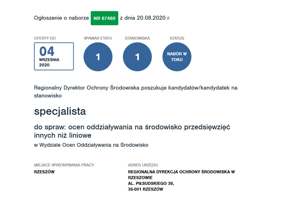 specjalista do spraw: ocen oddziaływania na środowisko przedsięwzięć innych niż liniowe