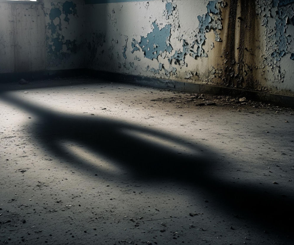 Na brudnej, szarej posadzce rozciąga się długi, ciemny cień o kształcie ludzkiej sylwetki, zajmujący centralną część obrazu. Pomieszczenie charakteryzuje się zniszczonymi ścianami, z których płatami odpada farba w odcieniach błękitu i bieli, odsłaniając jaśniejsze warstwy. W prawym górnym rogu widać pionowy ciemnobrązowy zaciek na ścianie, a w górnej części lewej ściany, pod niewidocznym źródłem światła, rozchodzi się jasna poświata.