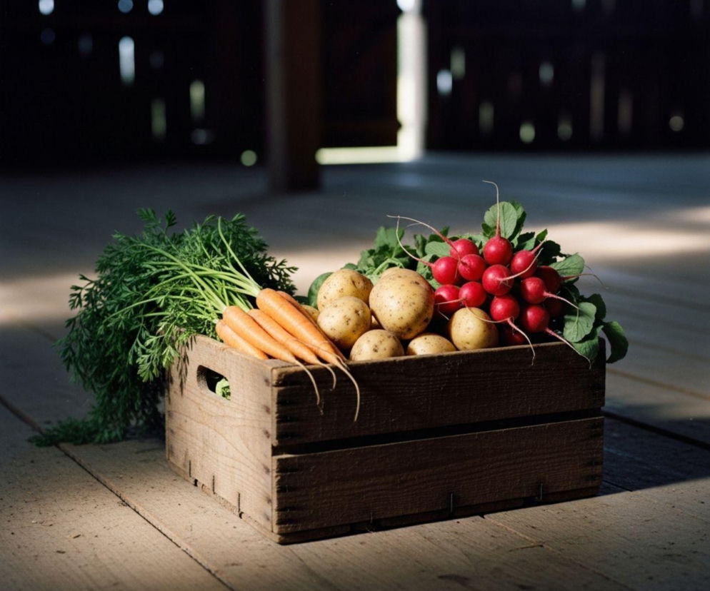 Drewniana skrzynka wypełniona ekologicznymi warzywami: marchewkami z nacią, młodymi ziemniakami oraz pęczkiem rzodkiewek. Obraz symbolizuje rosnące zainteresowanie Polaków certyfikowaną żywnością, o czym przeczytasz więcej na Super Biznes.