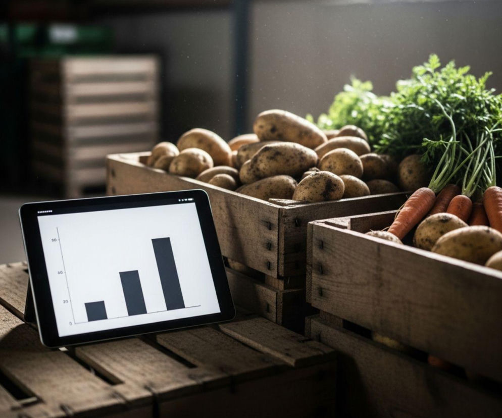 Tablet z wykresem słupkowym obok drewnianych skrzyń pełnych świeżych ziemniaków i marchwi. Scena symbolizuje zyski z rolnictwa, nowoczesne zarządzanie gospodarstwem oraz potencjał sprzedaży bez pośredników, o czym można przeczytać na Super Biznes.