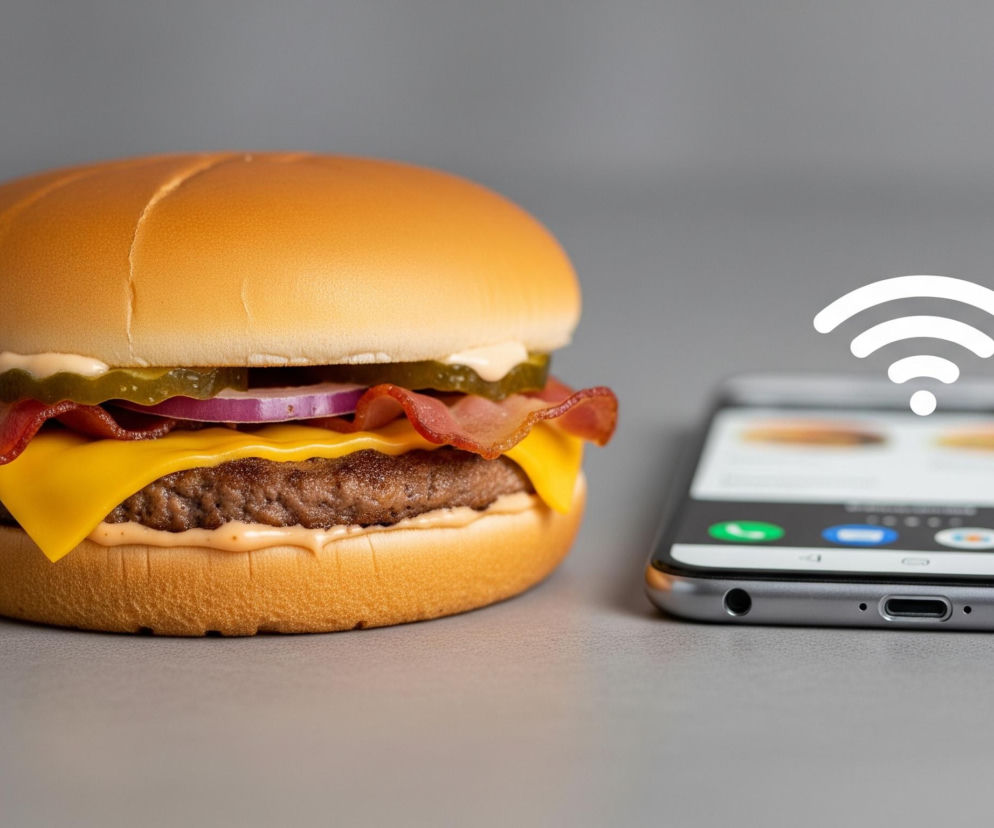 W centralnej części obrazu znajduje się duży burger z mięsnym kotletem, stopionym żółtym serem, brązowym bekonem, zielonymi piklami oraz fioletową cebulą, wszystko to zamknięte w jasnej, złocistej bułce. Po prawej stronie, na szarym tle, leży poziomo srebrny smartfon z włączonym ekranem, na którym wyświetlone są niewyraźne obrazy. Nad smartfonem unosi się biała ikona Wi-Fi, symbolizująca łączność bezprzewodową. Całość utrzymana jest w stonowanej kolorystyce z dominującymi szarościami tła i ciepłymi barwami jedzenia.