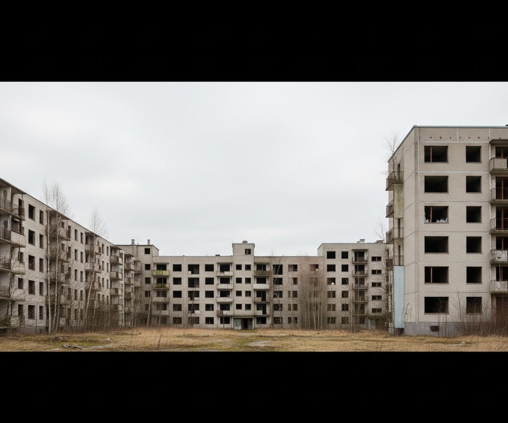 Krajobraz zdominowany jest przez opuszczone, betonowe bloki mieszkalne o jasnoszarym odcieniu, rozmieszczone wokół centralnego, trawiastego placu. Budynki pozbawione są okien, z pustymi, ciemnymi otworami, a liczne balkony zardzewiałe i zaniedbane. Suche, brązowe trawy i krzewy porastają ziemię między blokami, a nieliczne młode drzewa bez liści wyrastają w różnych miejscach, niektóre nawet z fasad budynków. Niebo jest pochmurne i jednolicie szare, dodając całości surowego i opustoszałego charakteru.