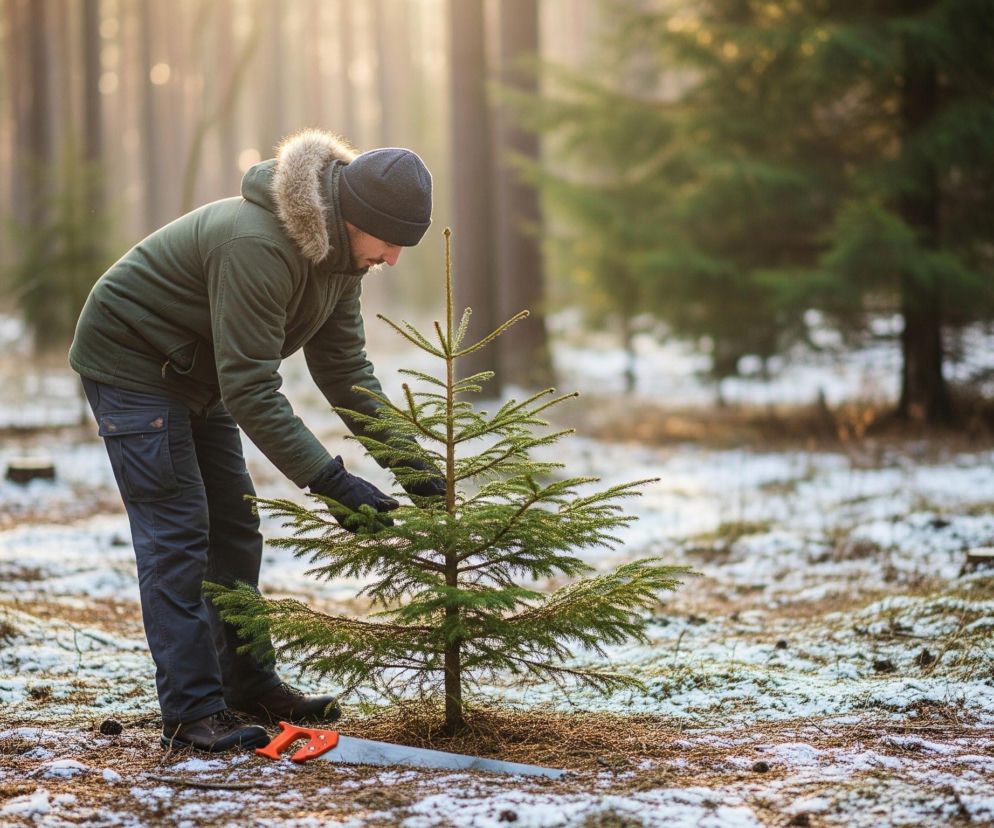 Mężczyzna w ciemnozielonej kurtce z futrzanym kapturem, ciemnej czapce i czarnych rękawiczkach pochyla się nad małą, zieloną choinką. Jego dłonie dotykają gałęzi drzewka, a obok jego stóp leży piła z pomarańczową rękojeścią. Scena rozgrywa się w lesie z licznymi drzewami iglastymi w tle, a podłoże jest pokryte cienką warstwą śniegu i brązowych igieł. Na drugim planie widoczne jest jasne, rozproszone światło.