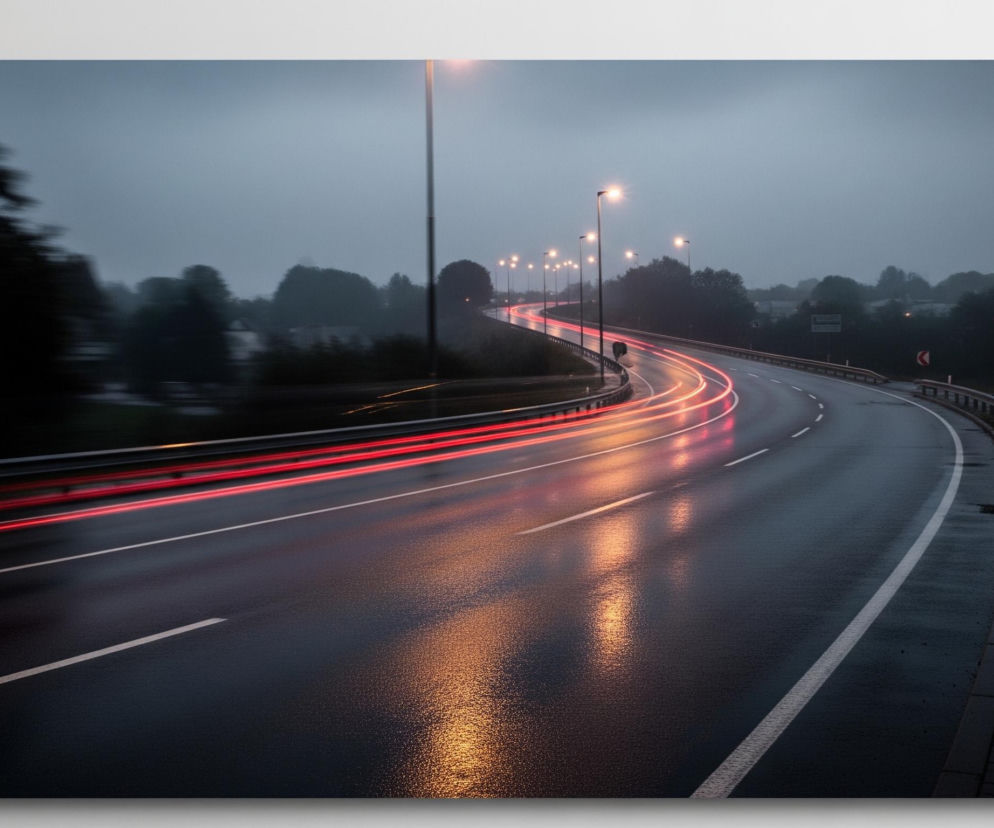 Ciemną, mokrą drogę wijącą się w lewo, z rozmyciem czerwonych świateł pojazdów tworzących świetliste smugi. Wzdłuż zakrętu drogi rozmieszczone są latarnie uliczne emitujące ciepłe, żółte światło, które odbija się na wilgotnym asfalcie. Po bokach drogi widoczne są bariery ochronne oraz niewyraźne drzewa i zarośla, a w oddali majaczy mgliste, ciemne niebo.