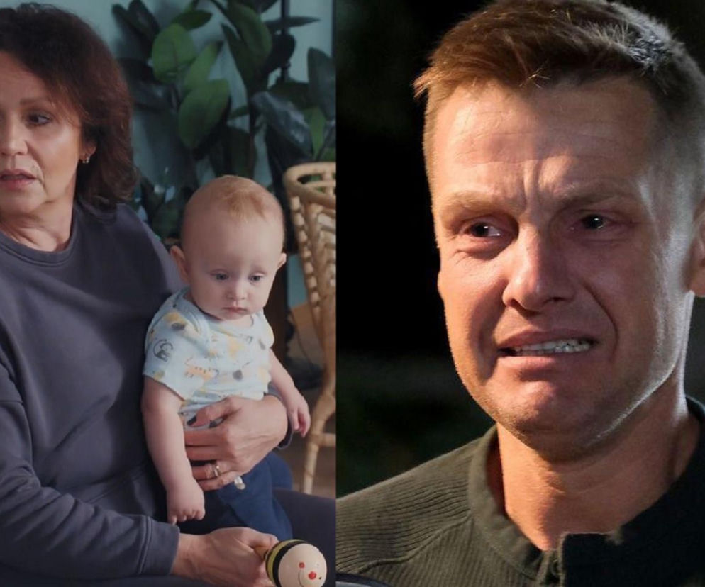 Marysia Mostowiak z synem Pawła, Antosiem, oraz zapłakany Paweł Zduński, w tle fragmenty roślin. Scena symbolizuje trudny czas rozłąki i tęsknoty. Więcej na ten temat znajdziesz na Super Seriale.