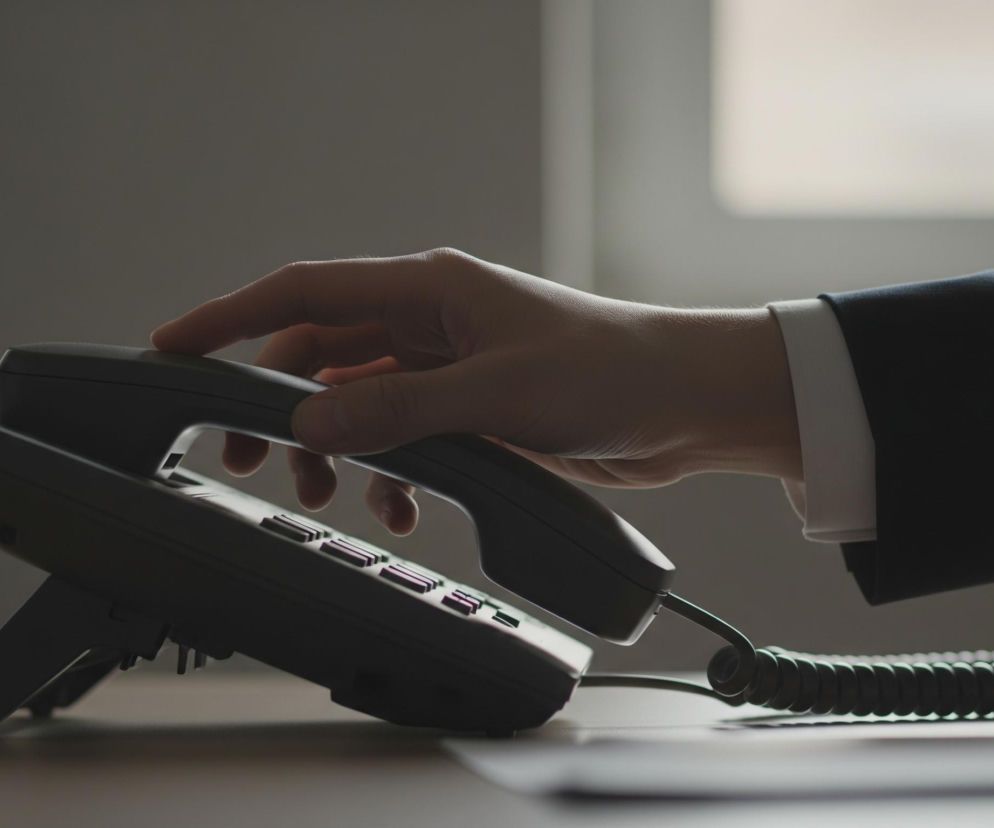 Dłoń, widoczna w prawym górnym rogu obrazu, zdejmuje słuchawkę czarnego telefonu stacjonarnego leżącego na biurku. Dłoń o jasnej skórze, z wyraźnie zarysowanymi palcami, należy do osoby ubranej w ciemną marynarkę i białą koszulę. Telefon ma szary korpus, liczne przyciski na panelu numerycznym oraz charakterystyczny, spiralny kabel łączący słuchawkę z bazą. Tło stanowi szara ściana i rozmyte, prostokątne okno w prawym górnym rogu, skąd dochodzi jasne światło.