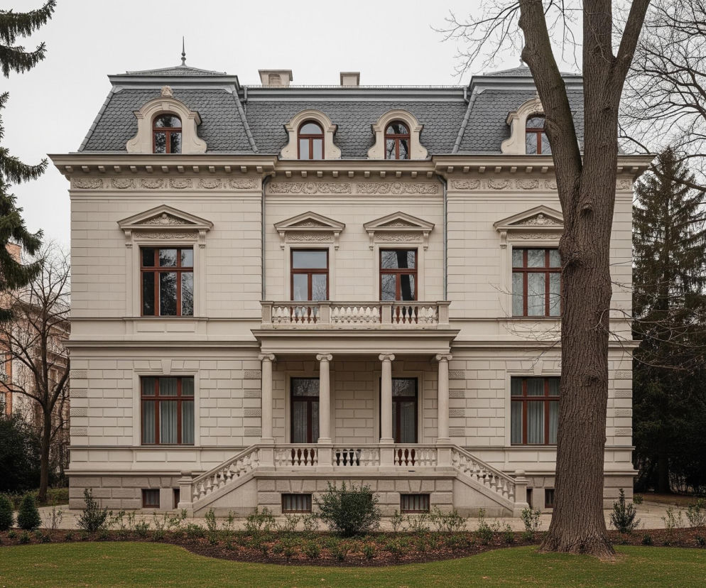 Centralną część obrazu zajmuje duża, beżowa willa z ciemnoszarym dachem mansardowym pokrytym łuskami. Fasada willi, bogato zdobiona detalami architektonicznymi i pilastrami, posiada szereg prostokątnych okien z ciemnobrązowymi ramami oraz charakterystyczne półokrągłe okna lukarnowe na poddaszu. Przed wejściem do budynku znajduje się symetryczna kamienna balustrada ze schodami prowadzącymi na podwyższony taras wsparty na dwóch kolumnach.

Po lewej stronie willi widać wysokie, zielone iglaste drzewa, a po prawej stronie rośnie grube, bezlistne drzewo liściaste, którego pień częściowo zasłania fasadę. Wokół willi rozciąga się zielony trawnik z równo przystrzyżonymi rabatami, na których rosną niskie krzewy i młode drzewka z drewnianymi wspornikami. Całość otacza szare, zachmurzone niebo, a w tle po prawej widoczne są inne bezlistne drzewa.