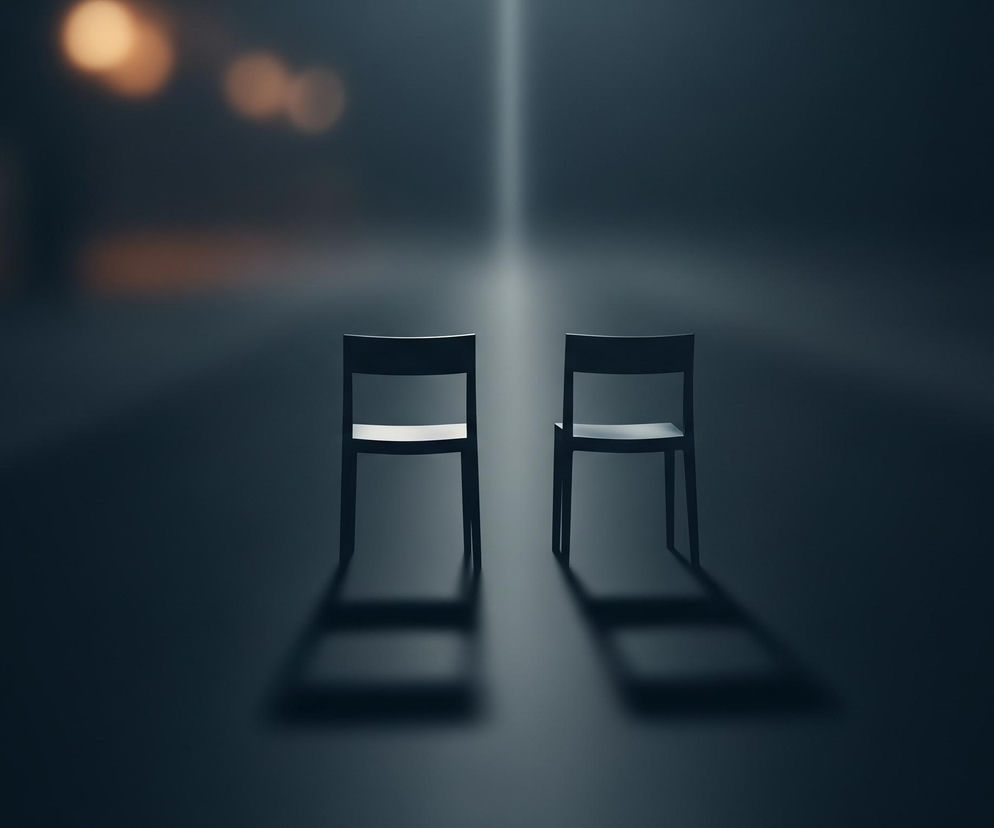 Dwa ciemne krzesła stoją frontem do widza, symetrycznie ustawione na tle ciemnego pomieszczenia. Światło padające z tyłu między krzesłami tworzy jasną, pionową smugę na ścianie i podłodze, odbijając się również na górnych krawędziach oparć krzeseł. Ich wydłużone cienie rozciągają się w kierunku widza na ciemnej, szarej podłodze, dodając głębi scenie. W oddali, na rozmytym tle, widoczne są niewyraźne, pomarańczowe plamy światła.