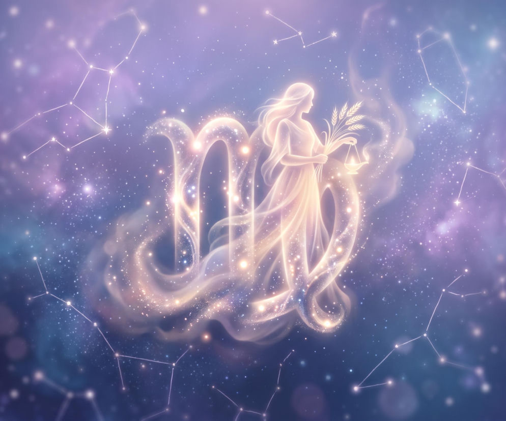 Świecąca postać kobiety z kłosami na tle znaku zodiaku Panna i kosmosu. Horoskop dla Panny sprawdzisz w Eska.