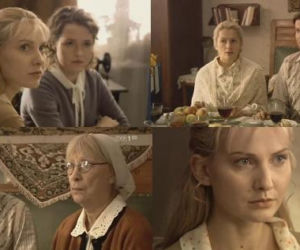 ANNA GERMAN odc. 5. Babcia Anny German (Jekatierina Wasiljewa), Zbigniew Tucholski (Szymon Sędrowski), Irma (Maria Poroszyna), Anna German (Joanna Moro), Janeczka (Olga Frycz)