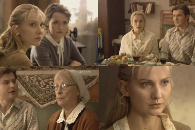 ANNA GERMAN odc. 5. Babcia Anny German (Jekatierina Wasiljewa), Zbigniew Tucholski (Szymon Sędrowski), Irma (Maria Poroszyna), Anna German (Joanna Moro), Janeczka (Olga Frycz)