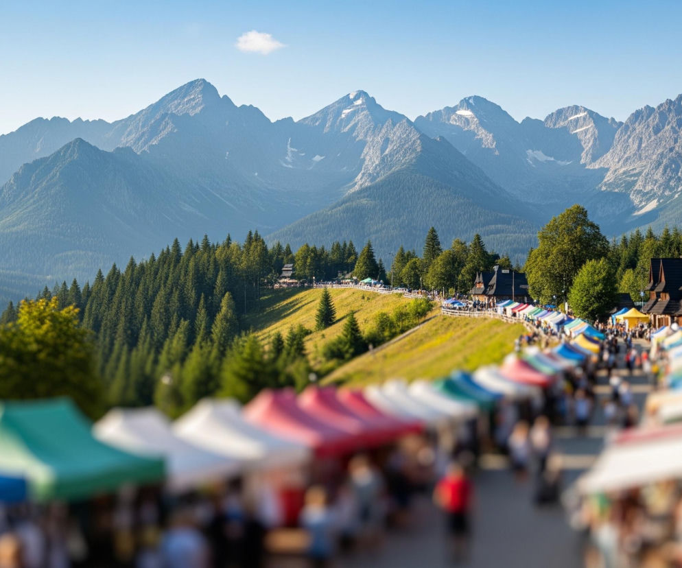 Długi rząd jarmarcznych straganów z kolorowymi dachami biegnie wzdłuż zbocza góry, z rozmytymi postaciami ludzi przechadzających się między nimi. Stragany, o dachach w odcieniach czerwieni, bieli, błękitu i zieleni, ciągną się w kierunku ostrych, szarych szczytów górskich na horyzoncie, z białymi plamami śniegu widocznymi na ich wierzchołkach. Góry są częściowo zasłonięte błękitną mgiełką, a poniżej nich rozciąga się zielony las iglasty. Powyżej gór rozpościera się jasne, błękitne niebo z pojedynczą, małą białą chmurą.