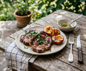 Połóż przekrojoną brzoskwinię na grillu obok karkówki. Ten dodatek zachwyci każdego smakosza