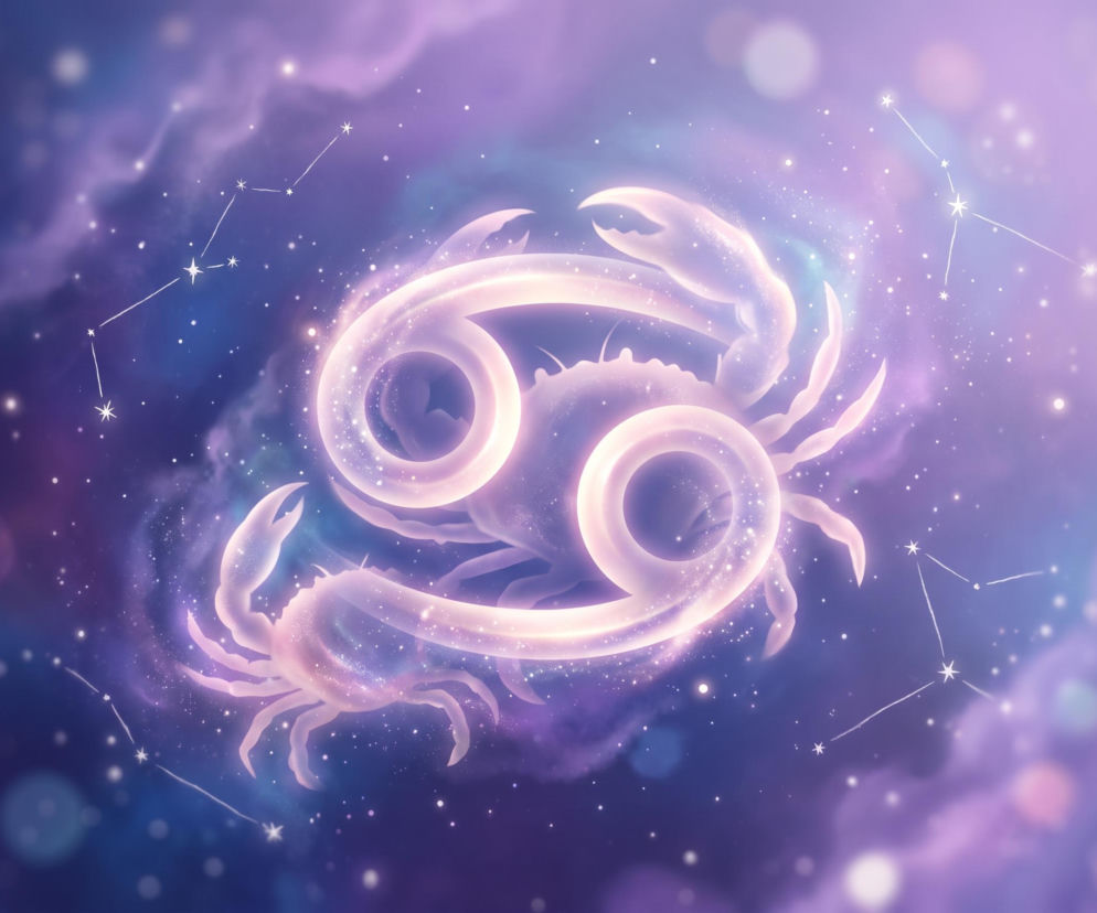 Świecący symbol zodiakalnego Raka na tle kosmosu. O horoskopie dla Raka przeczytasz na portalu Eska.