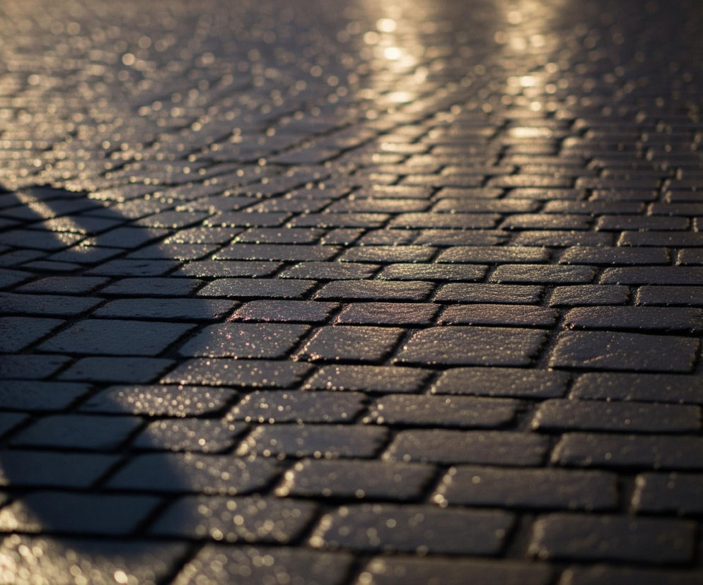 Większość kadru zajmuje ciemna kostka brukowa, na której widać liczne, błyszczące krople wody, odbijające złociste światło. W lewej górnej części zdjęcia widoczny jest fragment ciemnej nogi osoby, a jej długi, rozmazany cień rozciąga się w dół i na prawo po mokrej nawierzchni. Tło jest rozmyte i tworzy świetliste, ciepłe plamy bokeh.