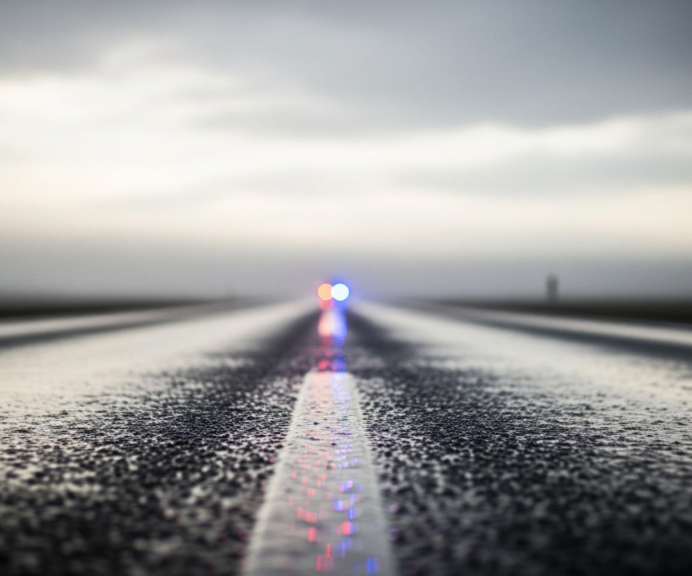 Asfaltowa droga, pokryta licznymi kroplami deszczu, rozciąga się w głąb kadru, tworząc wyraźną perspektywę. Centralnie biegnie biała, rozmoczona linia, na której odbijają się czerwone i niebieskie światła, tworząc rozmyte smugi. Na odległym horyzoncie, na tle zachmurzonego, szarego nieba, widać niewyraźne, kolorowe punkty świetlne. Cała scena jest zdominowana przez stonowane, chłodne kolory.