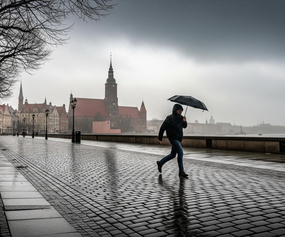 Osoba w ciemnej kurtce z kapturem i niebieskich dżinsach biegnie po mokrej, kamiennej nawierzchni, trzymając w lewej ręce otwarty, czarny parasol. Na pierwszym planie, po lewej stronie, wzdłuż chodnika ciągnie się rząd drzew o gołych gałęziach i ulicznych latarni. W tle, pod pochmurnym, szarym niebem, widać miasto z charakterystycznym budynkiem o czerwonym dachu i wysokiej, ciemnej wieży zegarowej z iglicą.