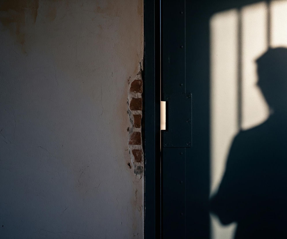 Cień postaci człowieka rzucany na jasną ścianę lub drzwi po prawej stronie. Cień osoby w okularach i kapeluszu jest wyraźnie widoczny, z ramionami ułożonymi jakby trzymała coś przed sobą. Po lewej stronie dominuje popękana, szarobeżowa ściana, z której odpada tynk, ukazując fragmenty czerwonej cegły. Pionowy ciemny pas, prawdopodobnie futryna lub metalowe drzwi, oddziela lewą ścianę od prawej strony, na której pada cień, a na tym pasie widoczne są również dwa zawiasy.