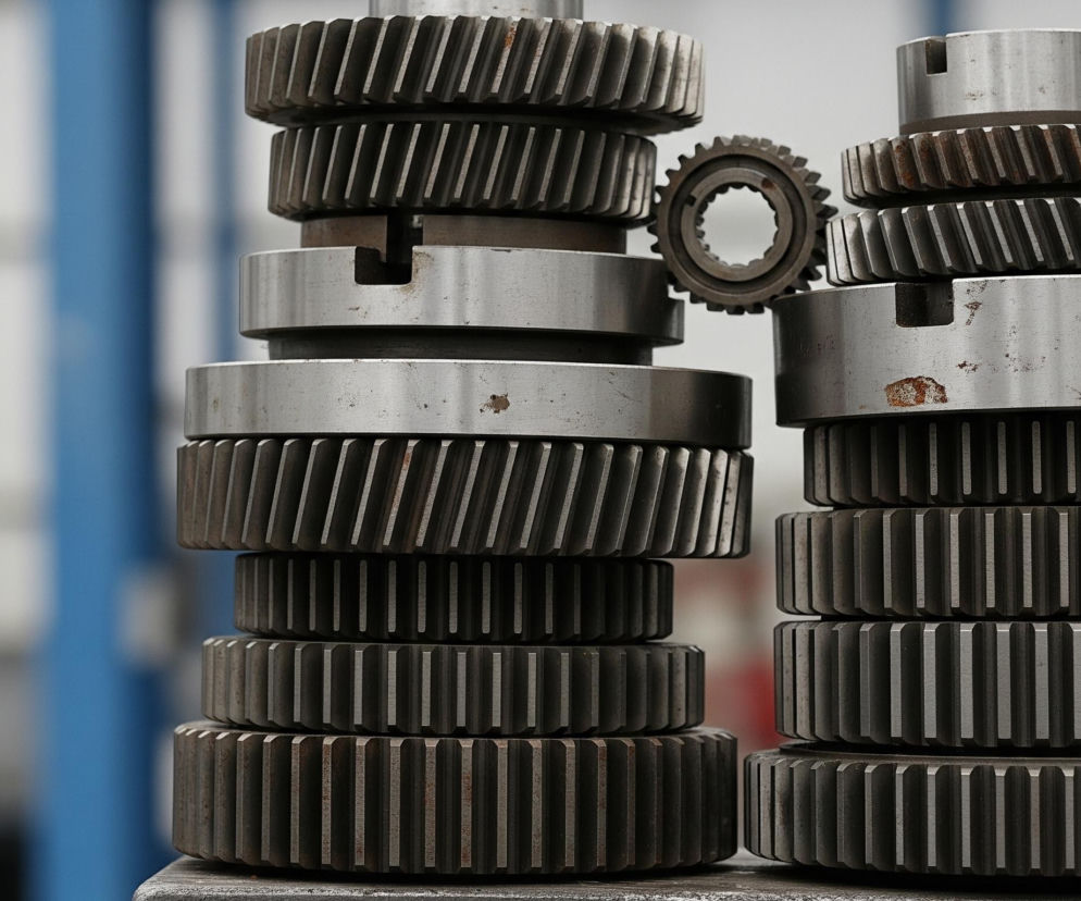 Dwa rzędy metalowych kół zębatych i innych elementów mechanicznych ułożone są w pionowe stosy na szarym blacie. Lewy stos jest wyższy i składa się z trzech dużych kół zębatych o skośnych zębach, przeplatanych gładkimi, cylindrycznymi elementami, a na jego szczycie znajduje się cylindryczny element z prostokątnym wycięciem. Prawy stos jest nieco niższy, zawiera pięć kół zębatych, z których dolne mają proste zęby, a górne skośne, również przeplatane gładkimi, cylindrycznymi elementami; na jego szczycie również znajduje się element cylindryczny z wycięciem. Pomiędzy stosami, na wysokości górnych części, widoczne jest mniejsze, pojedyncze koło zębate. Elementy mają metaliczny, szary kolor z widocznymi śladami zużycia i rdzawymi przebarwieniami. Tło jest rozmyte, z widocznymi niebieskimi i szarymi pionowymi oraz poziomymi kształtami.