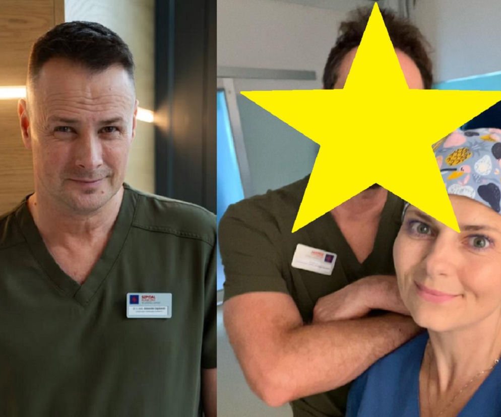 Paweł Małaszyński jako Aleś Zagajewski w zielonym stroju medycznym na tle drewnianej ściany, obok selfie, na którym Joanna Pach Żbikowska w niebieskim stroju z czepkiem medycznym, a Paweł Małaszyński z zakrytą twarzą. Metamorfoza postaci to temat, o którym czytaj na Super Seriale.