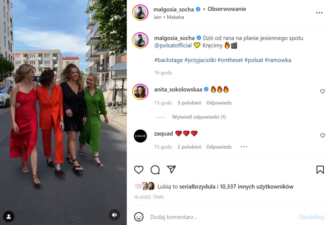 Przyjaciółki. Anita Sokołowska (Zuza), Magdalena Stużyńska (Anka), Joanna Liszowska (Patrycja), Małgorzata Socha (Inga) na planie spotu Polsatu