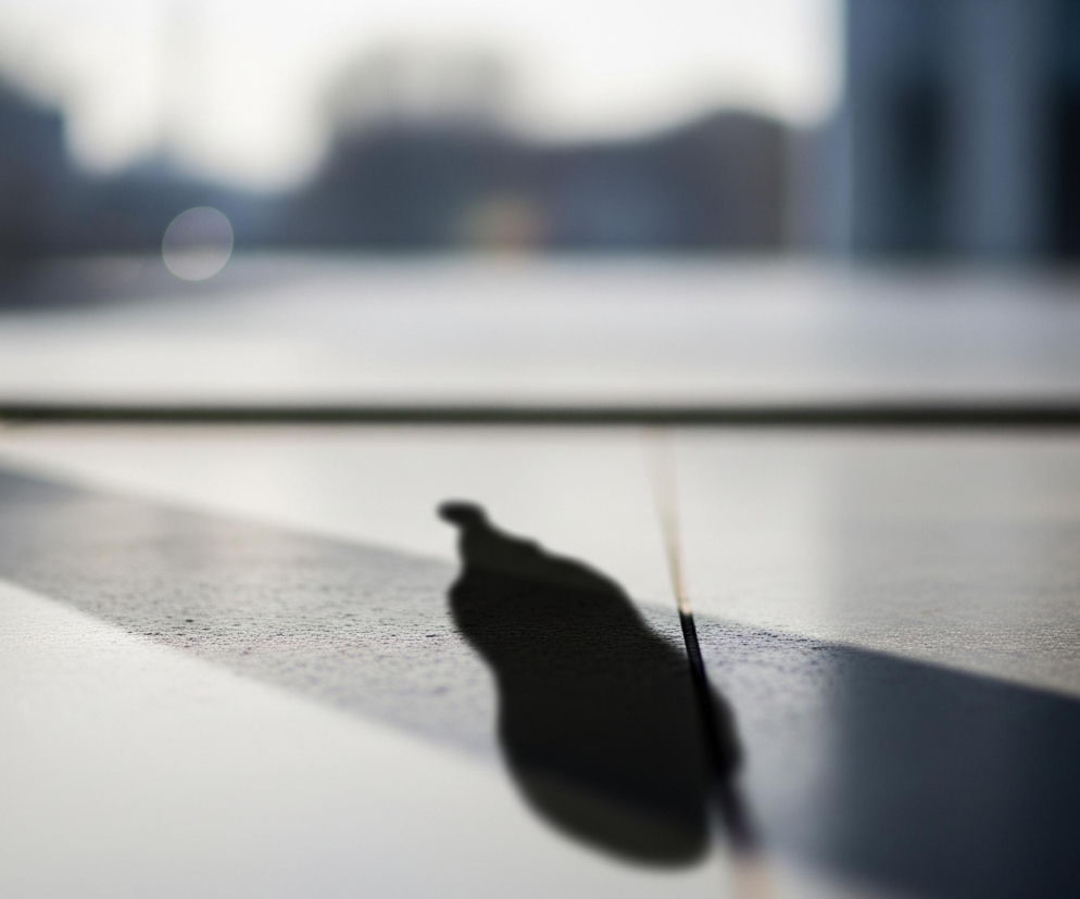 Na szaro-czarnej, błyszczącej powierzchni z wyraźną linią fugi w centrum, widoczny jest ciemny, nieregularny cień. Ten cień rzuca się na prawo od fugi, tworząc kształt przypominający kroplę lub figurkę z wystającym elementem u góry. Po lewej stronie fugi, na tej samej powierzchni, rozciąga się równoległy, jaśniejszy obszar. Tło jest rozmyte, jasne, z widocznymi ciemniejszymi pionowymi kształtami, sugerującymi sylwetki budynków lub drzew.