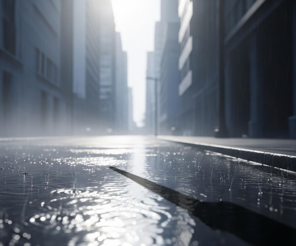 Ulica w mieście jest mokra od deszczu, z licznymi kroplami wody uderzającymi o powierzchnię i tworzącymi kręgi, oraz odbijającym się od kałuż jasnym, oślepiającym światłem w oddali. Po obu stronach ulicy stoją wysokie, prostokątne budynki o ciemnych fasadach, stopniowo jaśniejące w kierunku horyzontu. W tle widoczne są zamglone sylwetki kolejnych budynków, gdzie światło staje się coraz bardziej intensywne, tworząc wyraźną luminację na końcu drogi.
