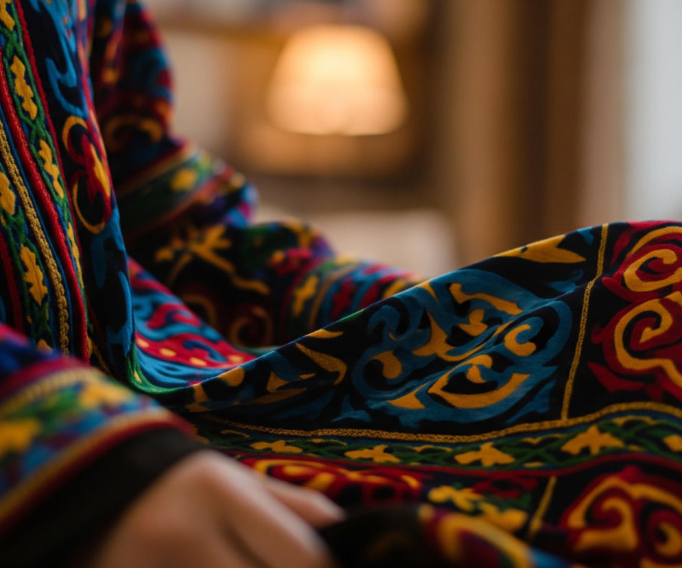 Lewa część zdjęcia przedstawia fragment tkaniny w ciemnych, bogatych kolorach, z dominującymi barwami niebieską, czerwoną i żółtą, ułożonej w fałdy. Wzory na tkaninie są złożone i stylizowane, obejmujące zawijasy oraz geometryczne kształty, a także widać fragment dłoni. W tle, po prawej stronie, znajduje się rozmyte wnętrze z ciepłym światłem lampy.