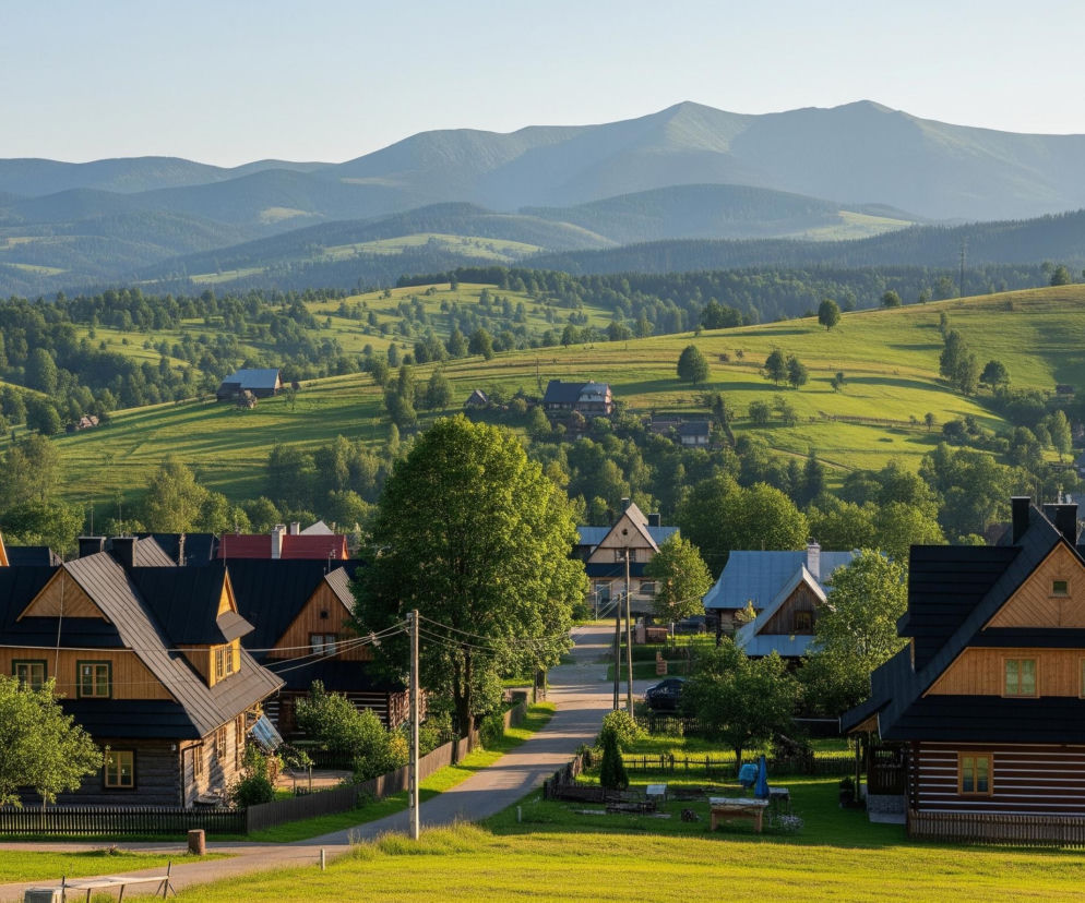 Krajobraz górski prezentuje wieś otoczoną zielonymi wzgórzami i odległymi pasmami górskimi. Na pierwszym planie po obu stronach drogi znajdują się drewniane domy z ciemnymi dachami, stylizowane na górskie chaty, wkomponowane w bujną zieleń drzew. Droga wije się przez centrum kadru, prowadząc ku oddalonym domostwom rozmieszczonym na zielonych, częściowo zalesionych zboczach. W tle dominują łagodne wzgórza i bardziej strome góry o niebieskawym zabarwieniu, zanikające w porannej mgle pod jasnym, bezchmurnym niebem.