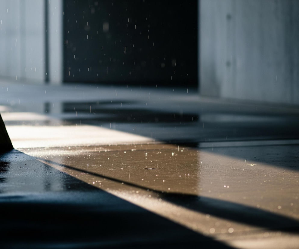 Ciemne, betonowe przejście lub korytarz, oświetlony ukośnymi promieniami słońca i padającym deszczem. Z lewej strony widoczny jest ciemny, trójkątny element architektoniczny, który rzuca ostry cień na mokrą posadzkę. Deszczowe krople, w postaci pionowych białych linii i rozbryzgów, są wyraźnie widoczne na tle jaśniejszych, bardziej oddalonych powierzchni oraz na mokrej, błyszczącej podłodze, odbijającej światło. W głębi widoczne są szare ściany i ciemniejsze otwory, co sugeruje zadaszoną przestrzeń.