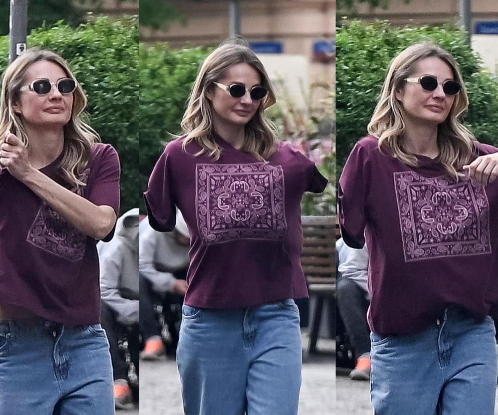 Małgorzata Socha ściąga bordowy t-shirt na ulicy. O profesjonalizmie aktorki na sesji przeczytasz na SE.