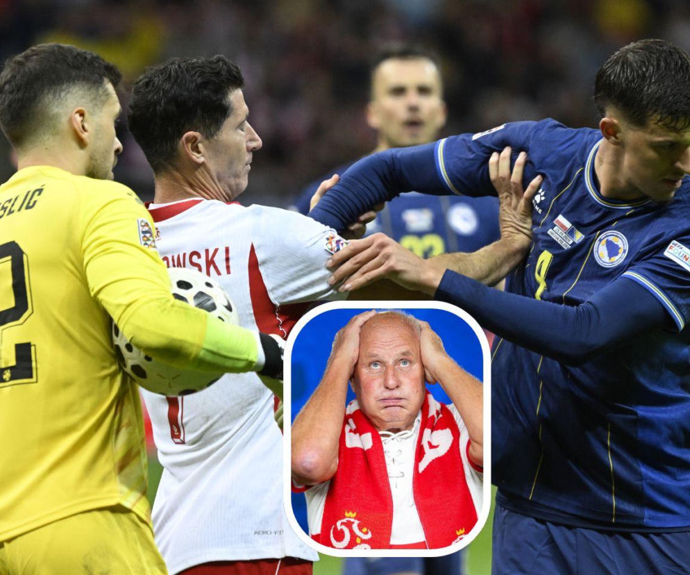 Robert Lewandowski w starciu z rywalem. Na miniaturze Jan Tomaszewski trzyma się za głowę. Czytaj na SE Supersport.