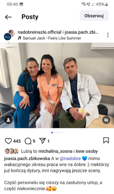 Na dobre i na złe nowy sezon. Iga Kaczorowska (Anna Szymańczyk), pielęgniarka Asia (Joanna Pach-Żbikowska), radiolog Paweł Gracz (Marcin Sianko) na planie