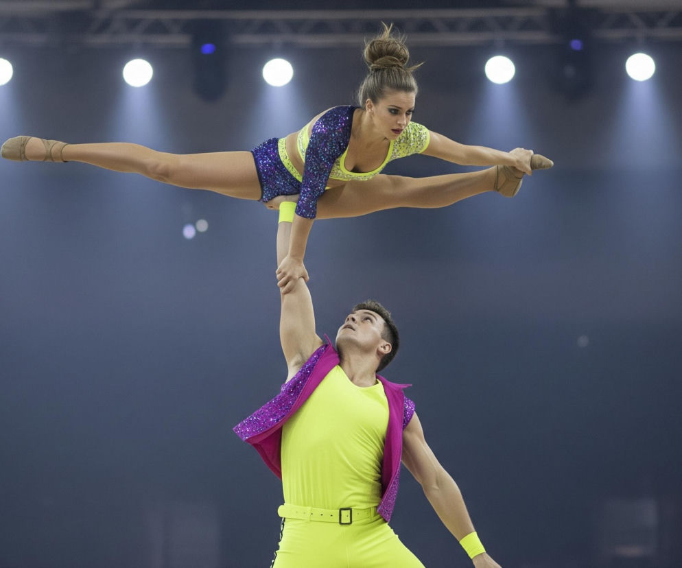 Na pierwszym planie, para akrobatów wykonuje trudną figurę w powietrzu. Kobieta, ubrana w lśniące fioletowo-żółte body z długimi rękawami, unosi się poziomo, trzymając rękę wyciągniętą w górę, podczas gdy jej nogi są rozciągnięte w szpagacie. Mężczyzna, ubrany w neonowo-żółty kombinezon z różową kamizelką, trzyma kobietę za nadgarstek jedną ręką, patrząc w górę. W tle widać rozmazane, ciemne tło z kilkoma jasnymi światłami reflektorów, tworzącymi stożki światła.