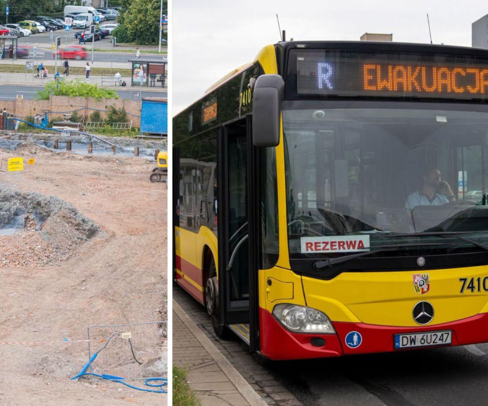 Wykop na placu budowy. Obok na drugim zdjęciu autobus MPK z napisem EWAKUACJA. O akcji we Wrocławiu czytaj w Eska Wrocław.