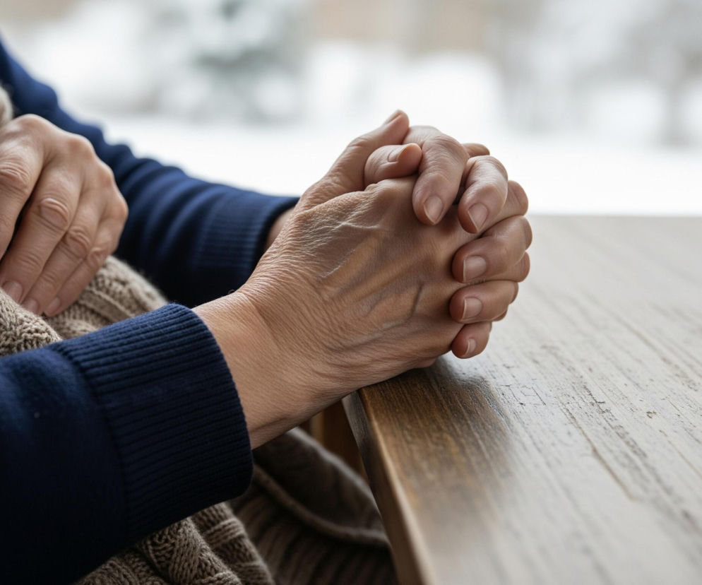 Dwie dłonie o pomarszczonej skórze są złożone na wysokości klatki piersiowej, blisko prawej krawędzi kadru. Palce obu dłoni są splecione, a paznokcie są krótkie i zadbane. Lewa dłoń spoczywa na beżowym, dzianinowym kocu z widocznym warkoczowym splotem, okrywającym dolną część ciała osoby ubranej w ciemnoniebieski sweter z guzikami. Osoba siedzi przy drewnianym stole o wyraźnej, jasnej teksturze drewna, która stopniowo przechodzi w ciemniejszy odcień. Tło rozmyte, jasne, sugerujące okno z widokiem na zamglony krajobraz.